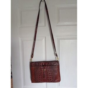 Brahmin Remy Crossbody Bag Pecan Croc Embossed Leather Brown Gold Tone Hardware